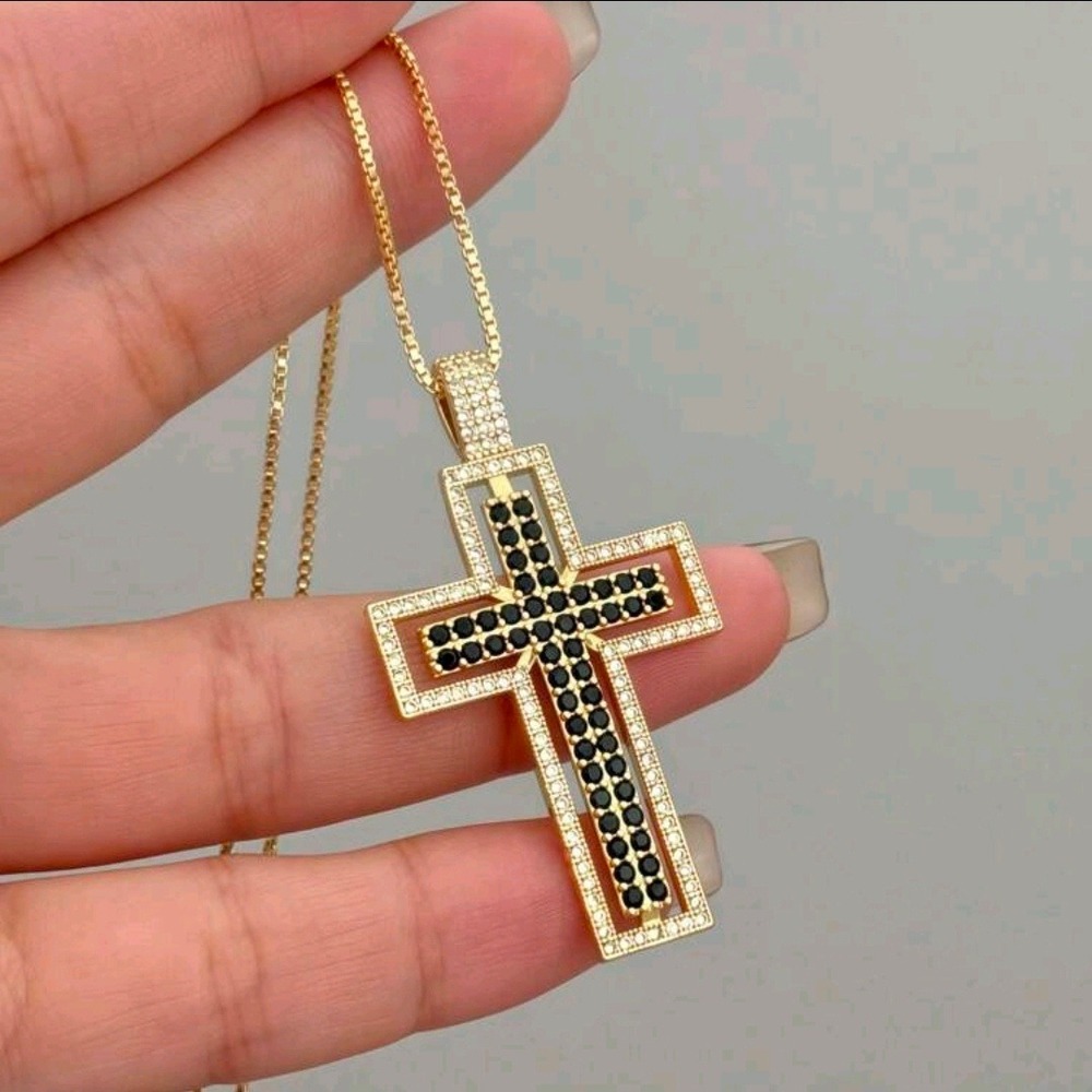 Gold‎ Tone Cross Necklace Black Stone Pave Crystal Pendant Women Fashion Jewelry